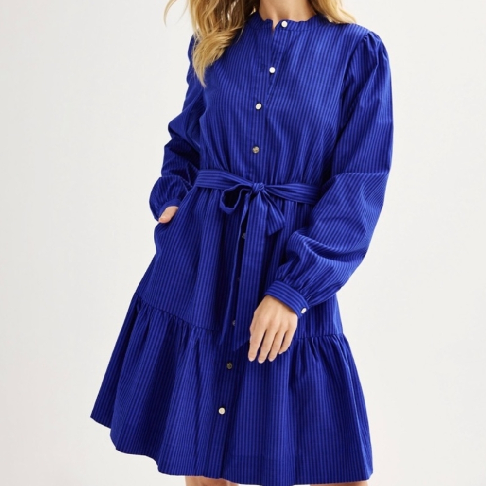 Draper James Blue Striped A-Line Dress with Bishop Sleeves L New